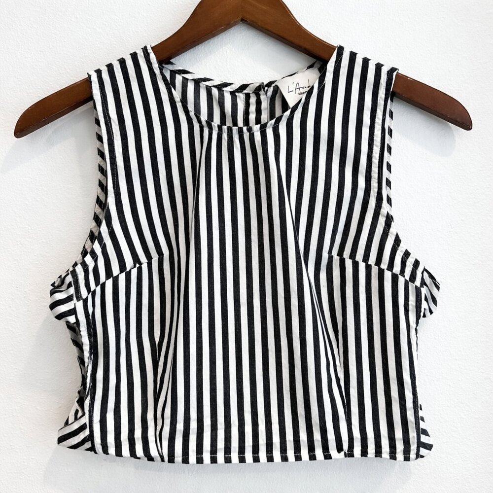 L'Academie Revolve Crop Top Gray-Black & White Pinstripe Sleeveless Tank Top